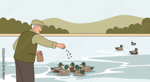 A charming illustration depicts an elderly man feeding ducks by a serene lake environment with lush vegetation in the background