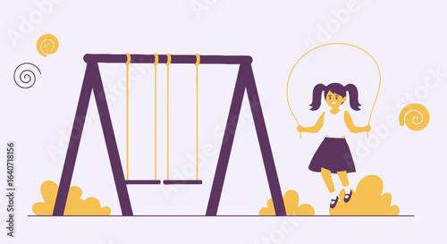 A charming illustration of a girl jumping rope near a swing set in a park or backyard