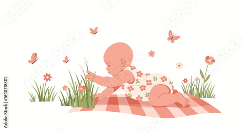 Adorable baby exploring nature on a picnic blanket with flowers and butterflies