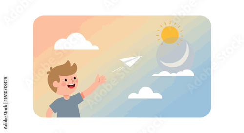 A cheerful cartoon boy launches a paper airplane against a sunny sky backdrop dreaming of journeys