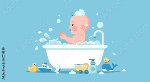 Adorable baby enjoying bath time with bubbles and cute toys in a light blue setting