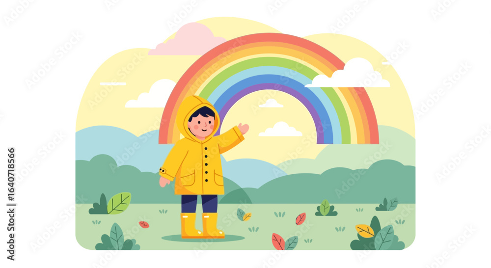 Naklejka premium A child in a yellow raincoat enjoying a vibrant rainbow after the rain illustration