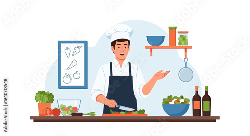 A chef prepares a fresh salad, showcasing culinary skills and healthy eating habits in kitchen setting