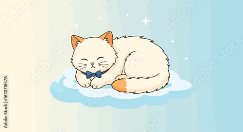 Adorable cartoon cat with a bow tie sleeping peacefully on a fluffy cloud background