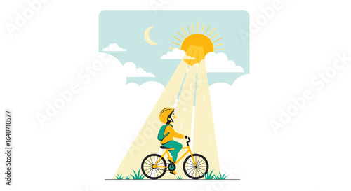 A child enjoying a sunny bike ride under a bright sun and a crescent moon in the blue sky in a beautiful landscape vector illustration