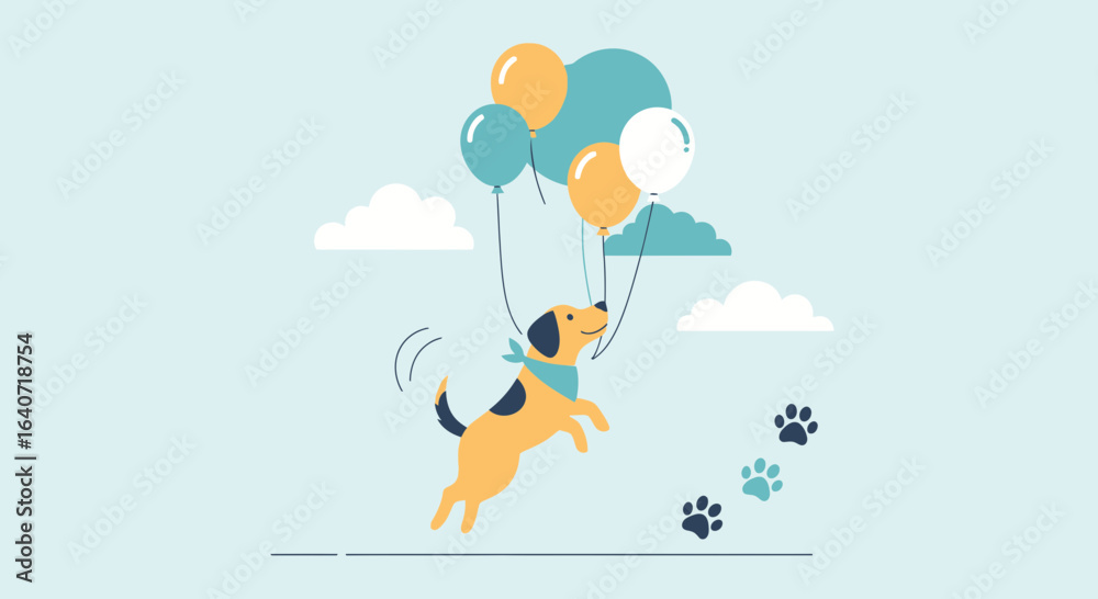 Fototapeta premium Adorable cartoon vector illustration of a dog floating with colorful balloons against a blue sky background