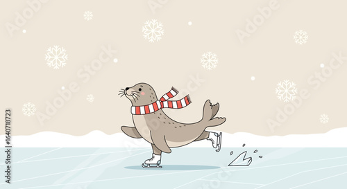 Adorable cartoon seal ice skating with festive red and white scarf illustration