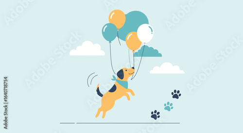 Adorable cartoon vector illustration of a dog floating with colorful balloons against a blue sky background