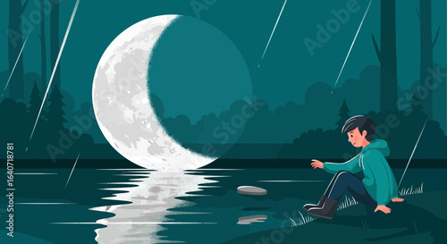 A contemplative boy sits by the tranquil lakeside under a starlit sky with a crescent moon creating a serene nocturnal ambiance