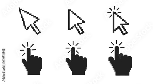 Vintage Pixel Art Mouse Pointer and Hand Gesture