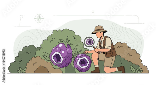 A Curious Explorer Discovers Unique Berries in Lush Vegetation with Magnifying Glass