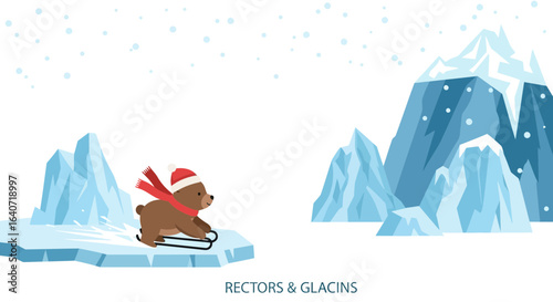 A cute bear cartoon character enjoying a sled ride on a glacier with snowy mountains