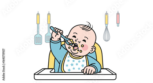 Adorable Illustration Of A Baby Eating Solid Food With A Spoonful In The Kitchen