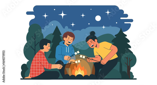 A delightful evening illustration of friends roasting marshmallows around a campfire outdoors under starry skies in a forest enjoying the peaceful atmosphere