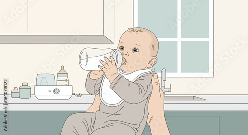 Adorable Infant Enjoying Milk In Bottle And Bottle Warmer With Other Accessories