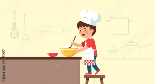 Adorable little chef stirs ingredients in a bowl, baking in a charming kitchen setting