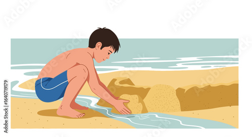 A delightful illustration of a young boy constructing sandcastles on a sunny beach enjoying his vacation and fun summertime