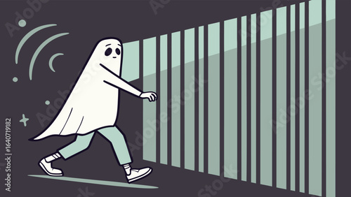 A whimsical ghost character in a sheet and pants walks towards a barred wall symbolizing freedom or confinement