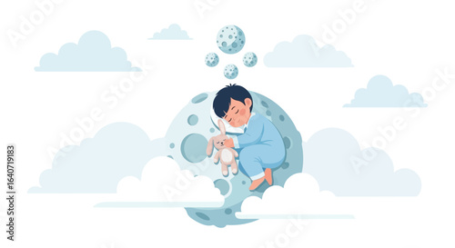 A dreamy illustration of a child sleeping on the moon with a bunny doll embracing the tranquility of a celestial nap above the clouds