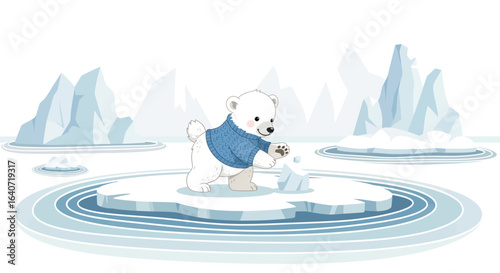 Adorable Polar Cub Playing With Ice On A Floating Iceberg In Arctic