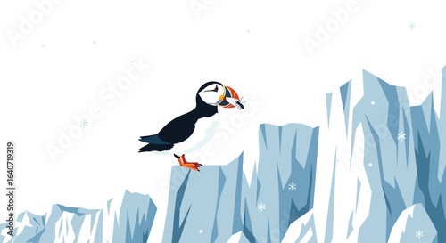 Adorable Puffin Standing on an Iceberg Cliff, Ready to Eat a Fish, a cute Cartoon Animal Illustration with Snowflakes on Clear Sky