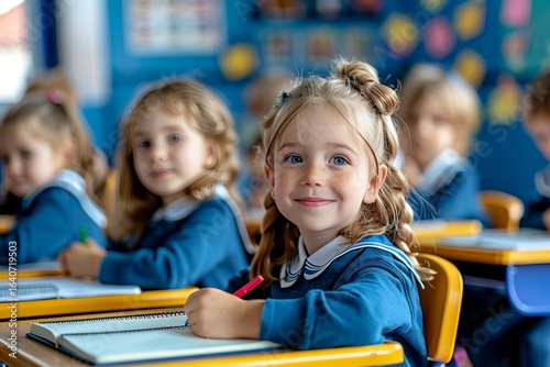 Focused schoolchildren in uniforms writing in notebooks during a classroom lesson, seated at desks in a bright, busy learning environment.