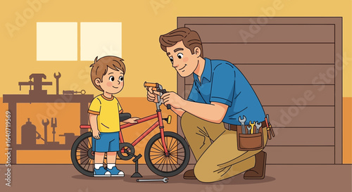 A heartwarming illustration of a father fixing his son's bicycle in the garage spending quality time together creating lasting memories