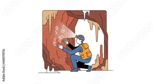 Adventurer Discovering Ancient Symbols Inside the Cave While Using a Headlamp