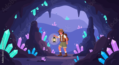 Adventurer exploring a crystal cave illustration vector graphic art style scenery adventure discover