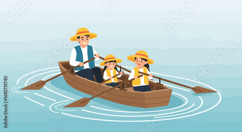 A heartwarming vector illustration of a father and his two daughters enjoying a boat ride on a calm lake