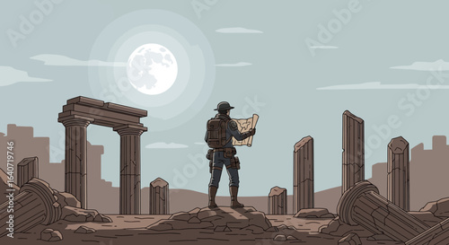 Adventurer Discovers Ancient Ruins Amidst A Bleak Landscape Under Moonlight