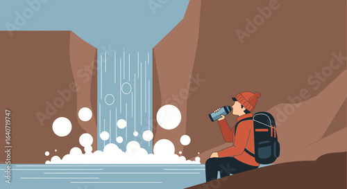 A hiker pauses to hydrate near a stunning waterfall during a nature adventure