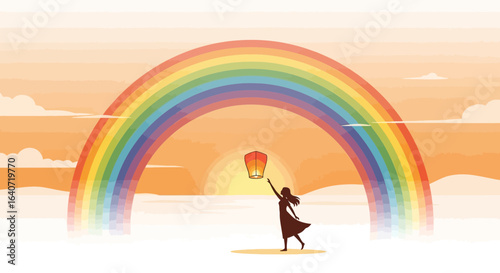 A hopeful young woman releasing a lantern under a vibrant rainbow at sunset