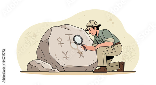 Adventurer Exploring Ancient Glyphs Using Magnifying Glass In Archaeological Dig Site