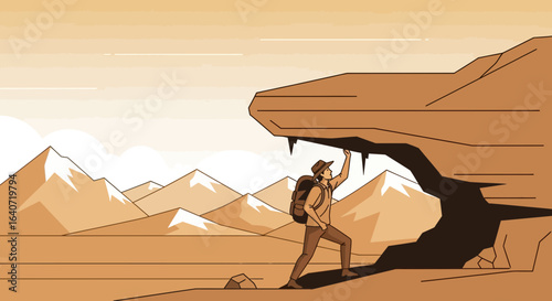 Adventurer Exploring Cave Entrance In A Mountainous Desert Landscape Illustration