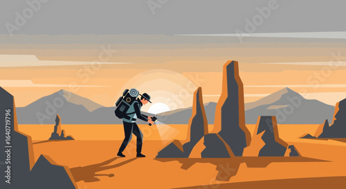 Adventurer Exploring Desert Landscape At Sunset With Backpack And Flashlight