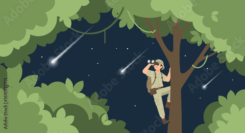 Adventurer Watching Falling Stars From a Tree in the Jungle at Night