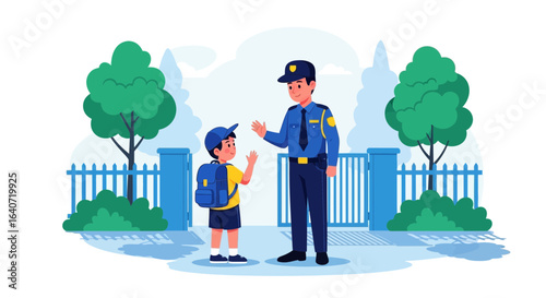 A kind policeman greets a young student at the school entrance gate with trees surrounding them in a safe environment
