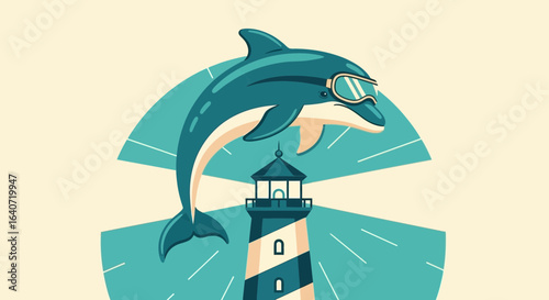 Adventures At Sea A Playful Dolphin With Dive Goggles Leaping Over Lighthouse
