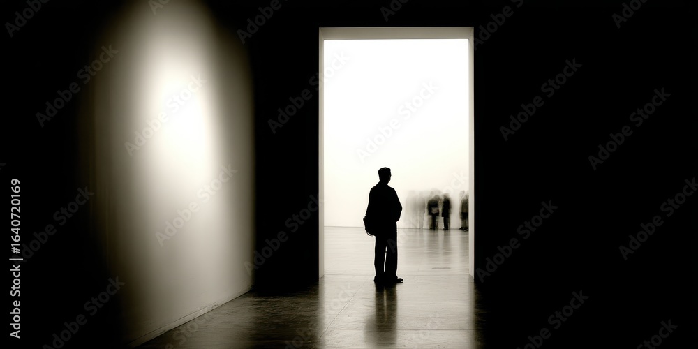 Obraz premium At-home workouts concept shows A solitary figure stands in shadow, framed by a large doorway and a softly lit background with silhouettes of others.