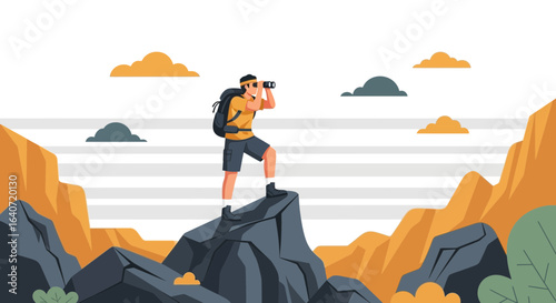 A man looks through binoculars on a mountaintop, with rocky landscape in background illustration graphic design art minimal style 8k