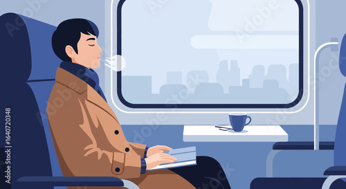 A peaceful journey: Man relaxing on a train with a book and city view illustration