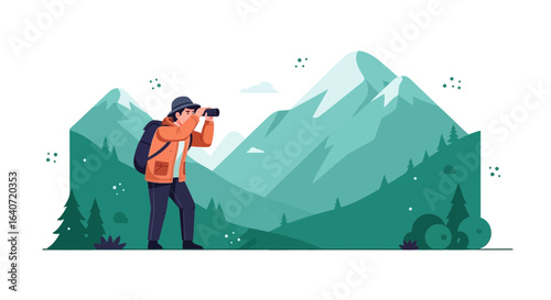 Adventurous Hiker Enjoying Scenic Mountain Views Through Binoculars Landscape
