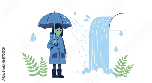 A Rainy Day Escape: Girl with Umbrella Under Waterfall Cartoon Illustration