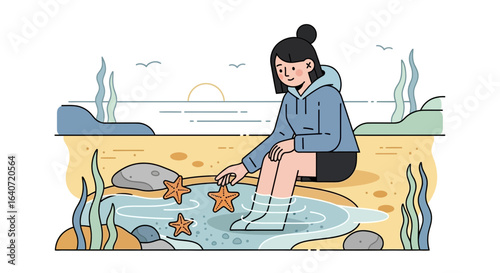 A serene beach scene depicting a woman interacting with starfishes in a tide pool evoking tranquility and connection with nature