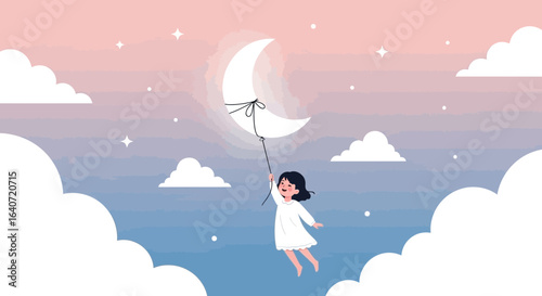 A serene illustration of a girl flying with a moon balloon through the clouds and stars depicting dreams and fantasy