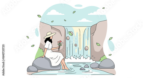 A serene illustration of a woman at a waterfall enjoying nature and peace near water source