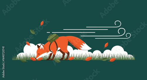 Adventurous vector illustration of a fox with a backpack in an autumn landscape illustration