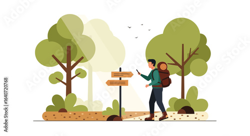 Adventurous traveler navigating a forest trail with a backpack using a mobile phone