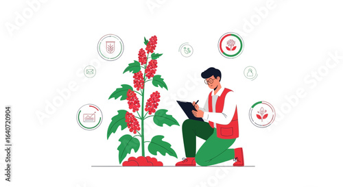 Agronomist Inspecting Quinoa Plant With Icons Depicting Agricultural Processes and Data